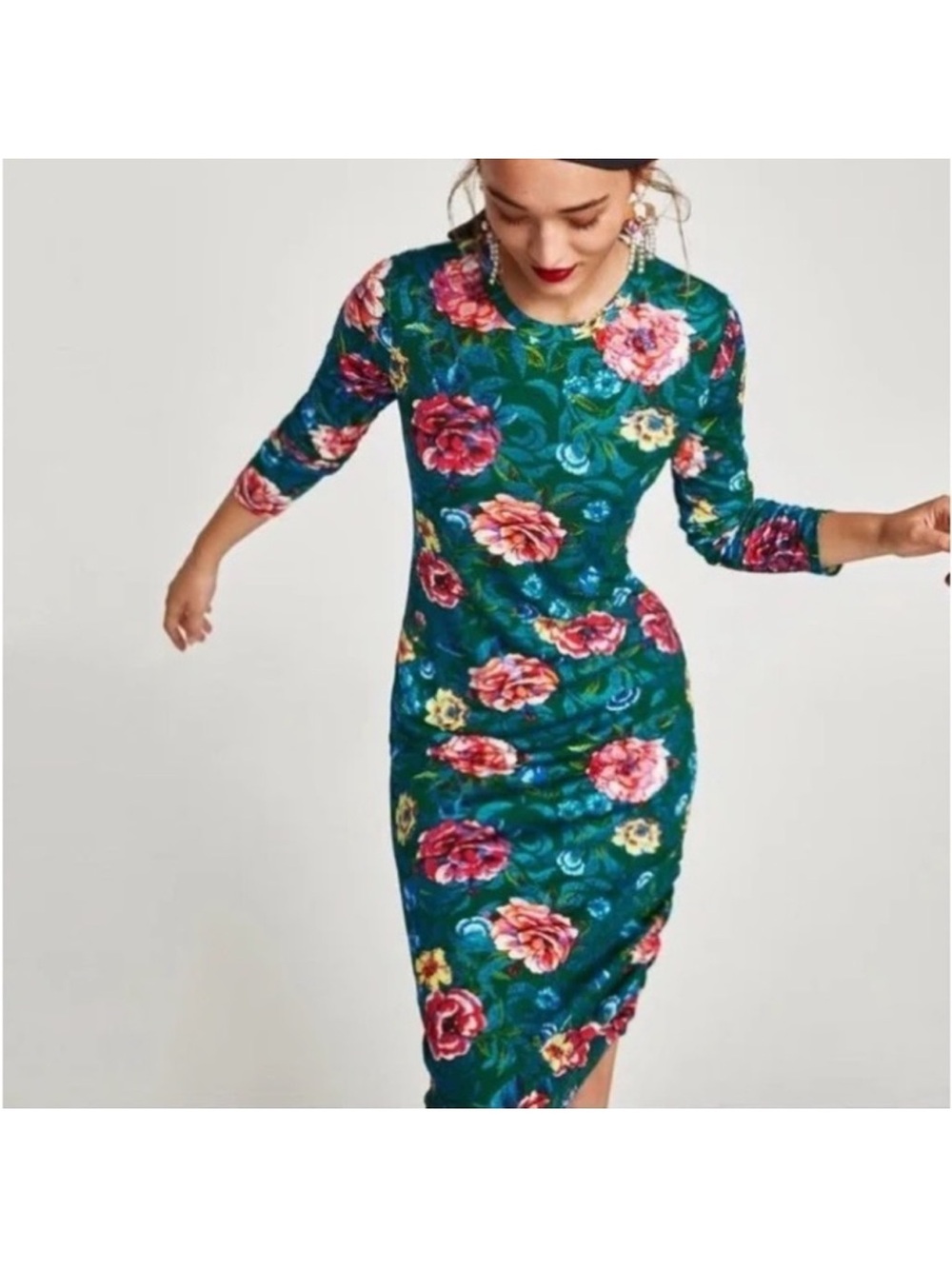 Zara Floral Bodycon Midi Dress - Green Floral